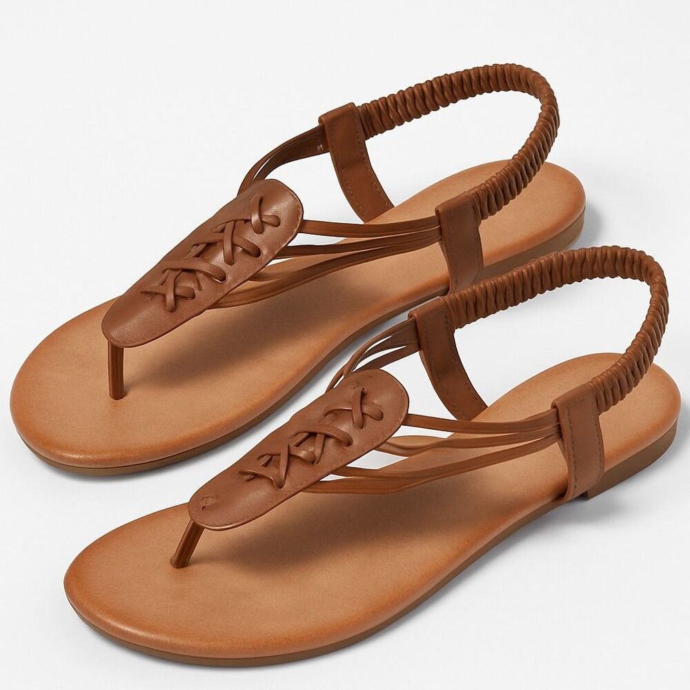 Women’s Brown Strappy Flat Sandals – Elastic Slingback Comfort Casual Shoes Sz 9